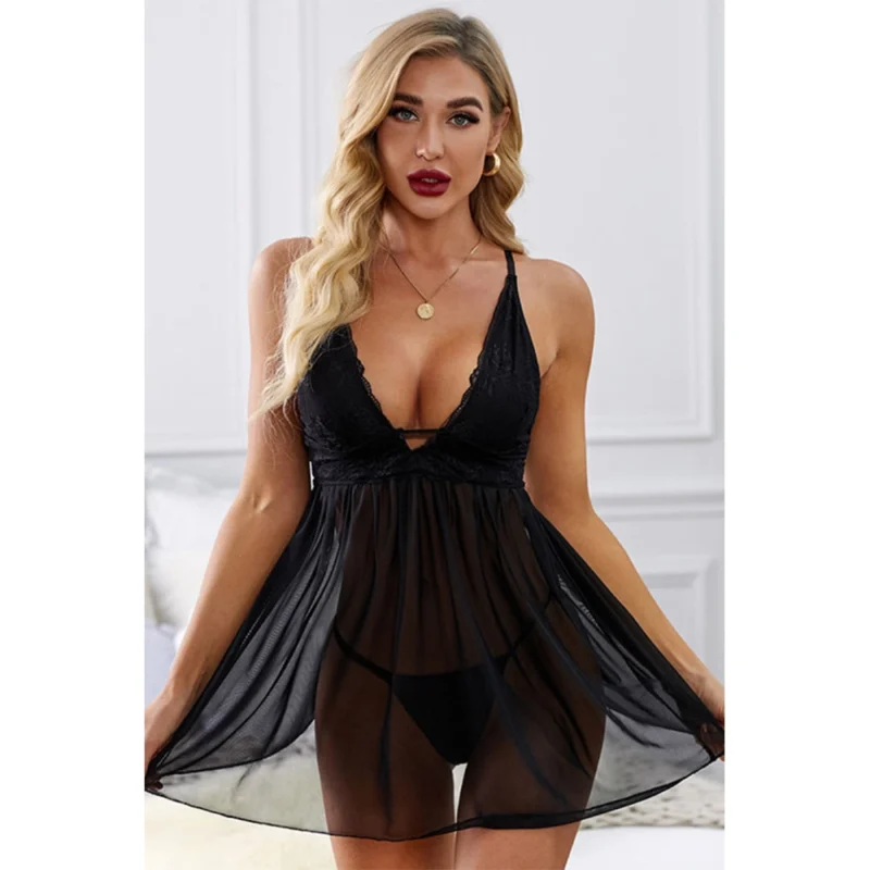 Camasa de noapte satin FITINT Neglijeu cu dantela Negru 2024 4