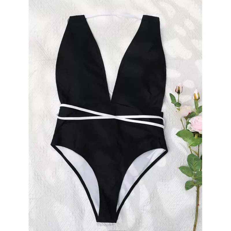 Costum de baie intreg push up FITINT Elle cu snur criss cross Negru 2024 5