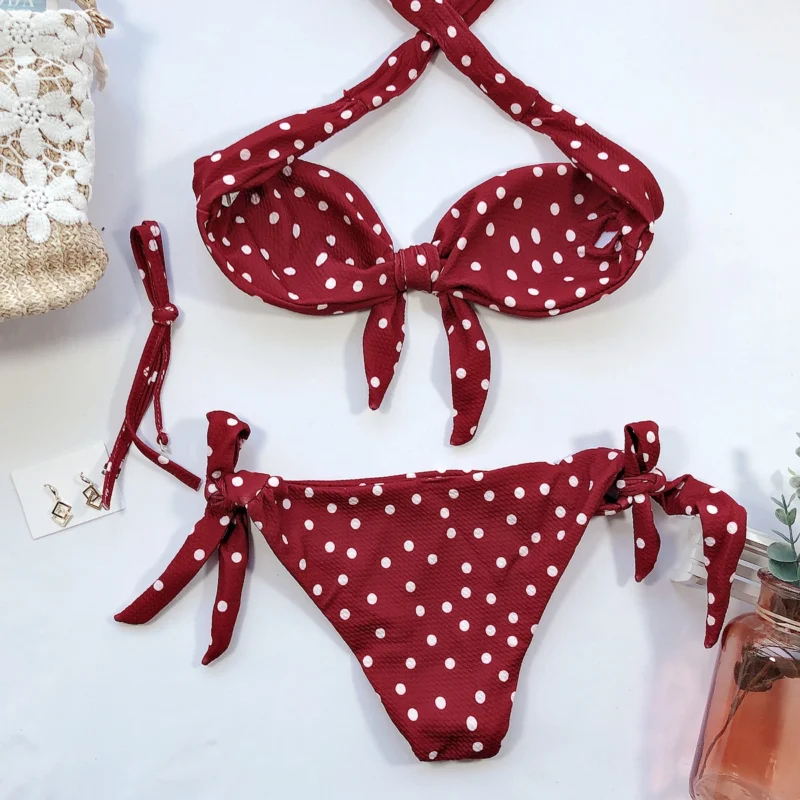 Costum de baie push up FITINT Polka cu slip reglabil Rosu 2024 2