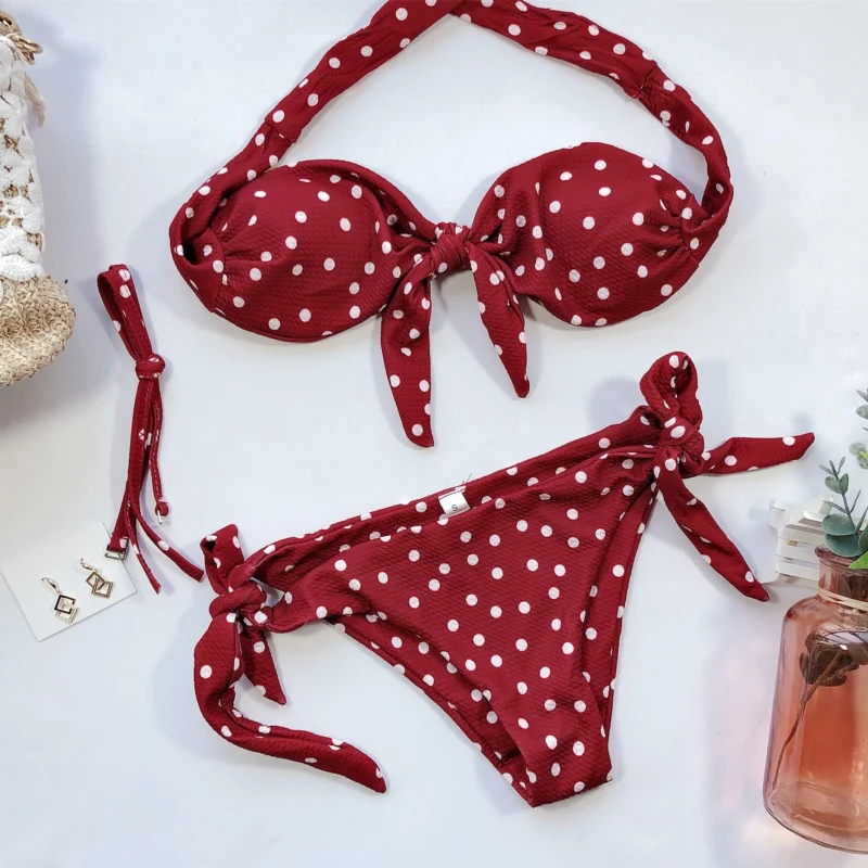 Costum de baie push up FITINT Polka cu slip reglabil Rosu 2024 3