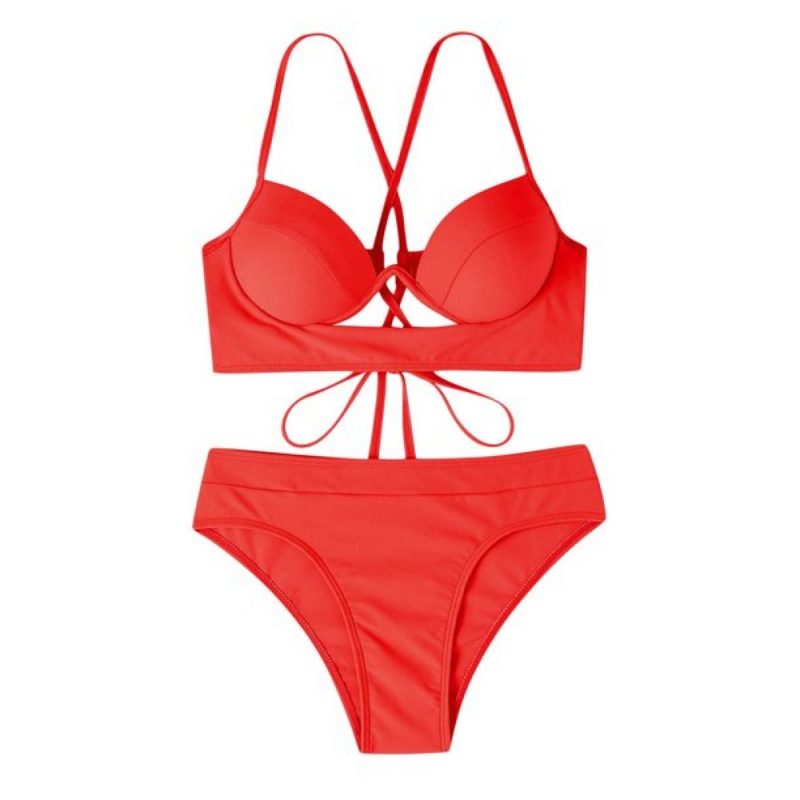 Costum de baie cu push up FITINT Aiyana 2 piese cu slip inalt Rosu 2024 5