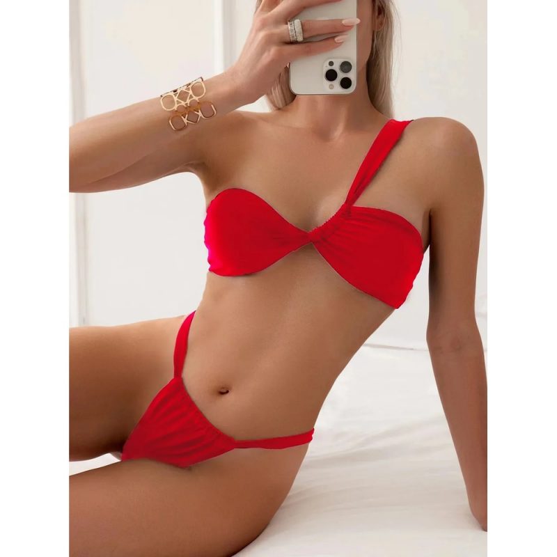 Costum de baie 2 piese cu sutien asimetric Rosu FITINT 499 2024 1