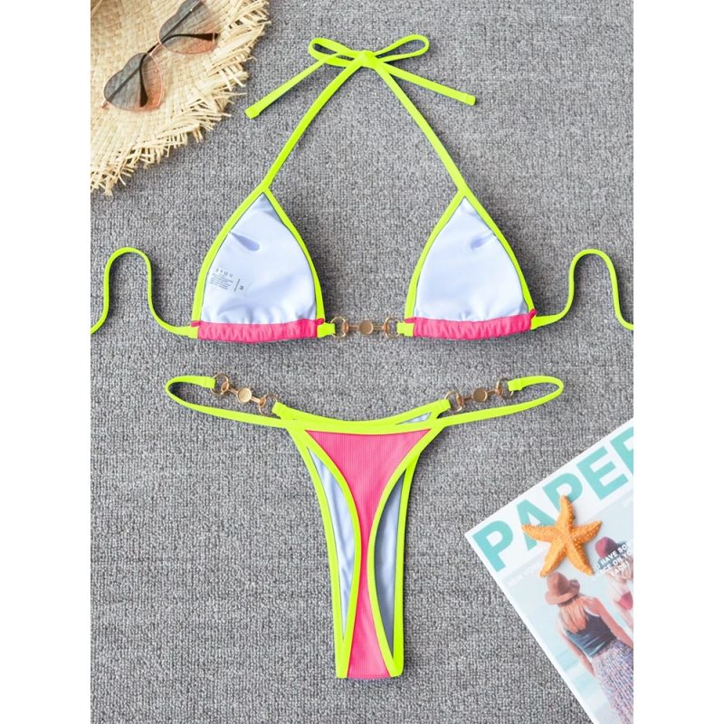 Costum de baie neon dama 2 piese Roz FITINT 506 2024 4